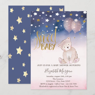 Invitación Estrella con brillo dorado, globos de osito de pel