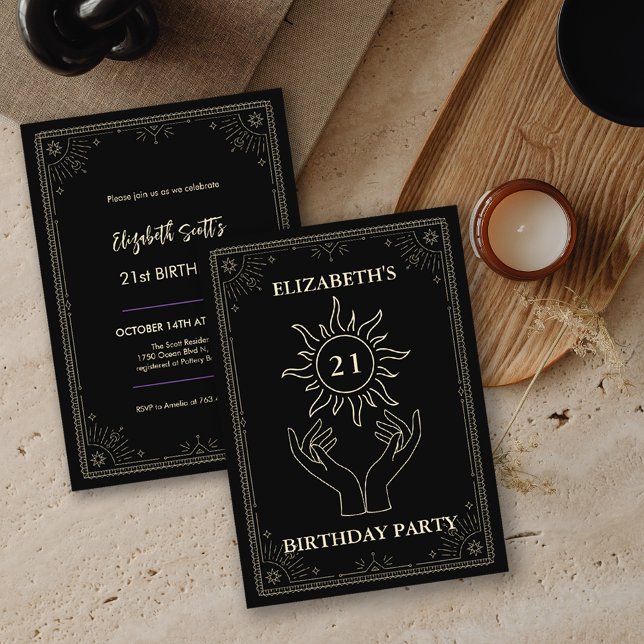 Invitación Estrella de Astrología Mística Negra 21 cumpleaños (Black Mystic Astrology Star 21 Birthday Invitation)