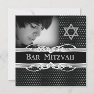 Invitación Estrella de Bar Mitzvah Negro Metal Plateado con T
