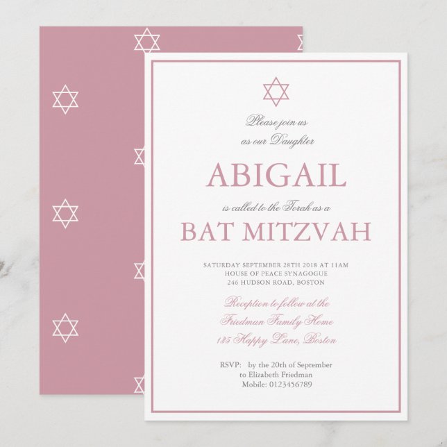 Invitación Estrella de Bat Mitzvah de David Pink Hebreo judío (Anverso / Reverso)