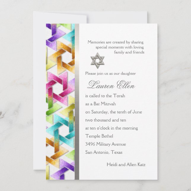 Invitación Estrella de Bat Mitzvah de David Rainbow Damask (Reverso)