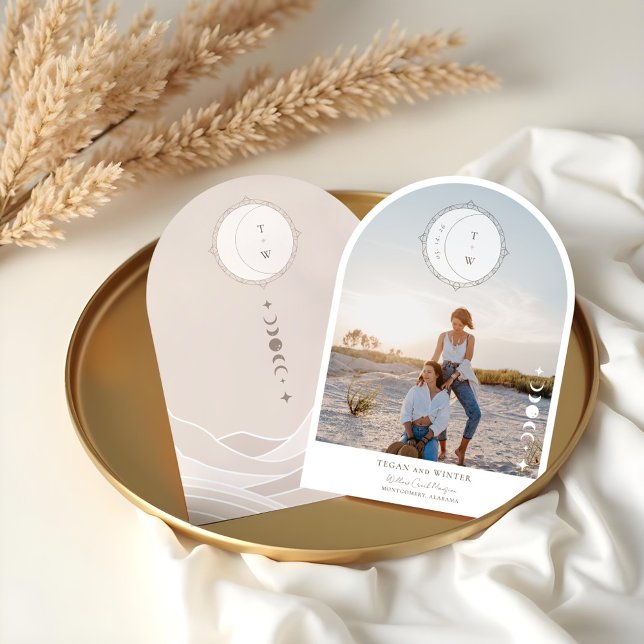 Invitación Estrella de Boho Moon Salva al Boda de fotos de Da (Boho Celestial Moon Star Save The Date Arch Photo Invitation)