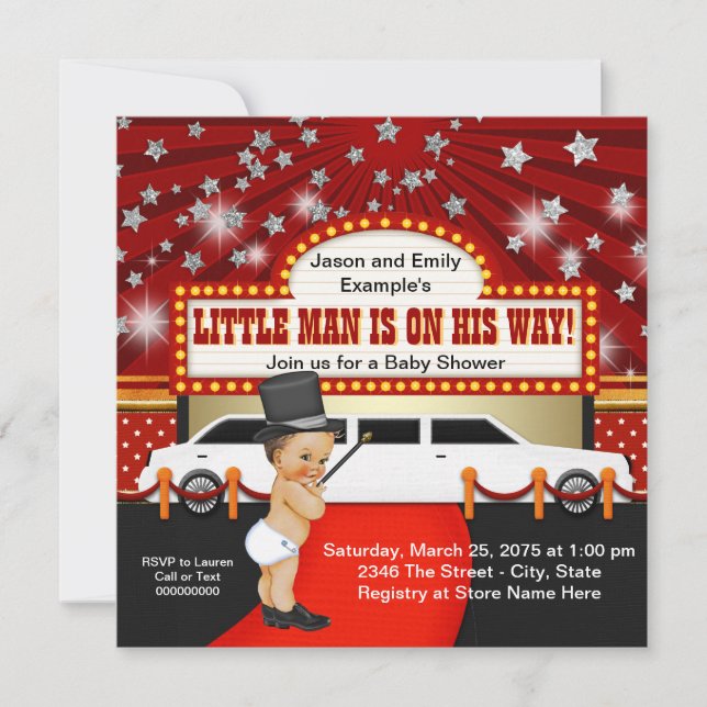 Invitación Estrella de cine Little Man Limousine Baby Shower (Anverso)