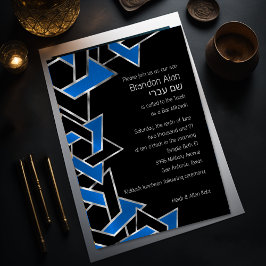 Invitación Estrella de David Azul Negro Plateado Bar Mitzvah
