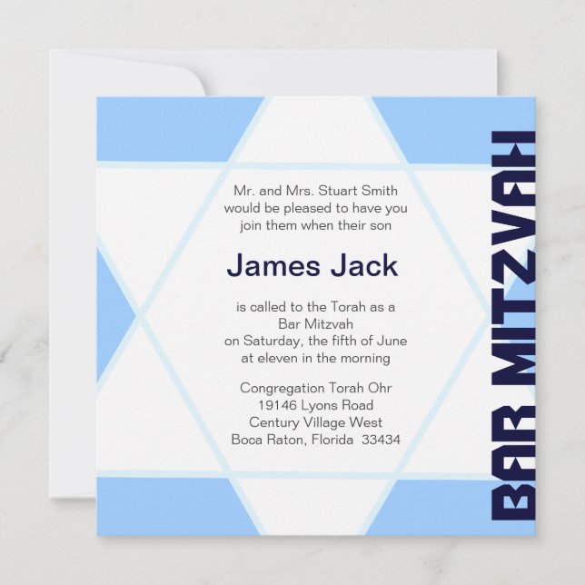 Invitación Estrella de David Bar Mitzvah - azul y blanco (Anverso)