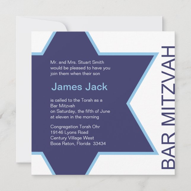 Invitación Estrella de David Bar Mitzvah - blanco y azul (Anverso)