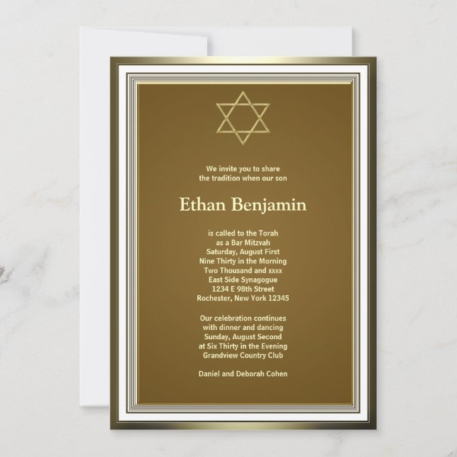 Invitación Estrella de David Bar Mitzvah de oro blanco (Anverso)