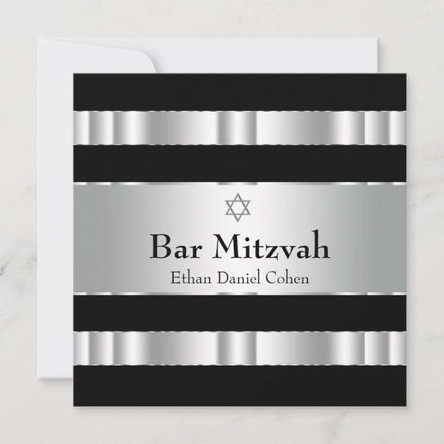 Invitación Estrella de David Bar Mitzvah de plata negra (Anverso)