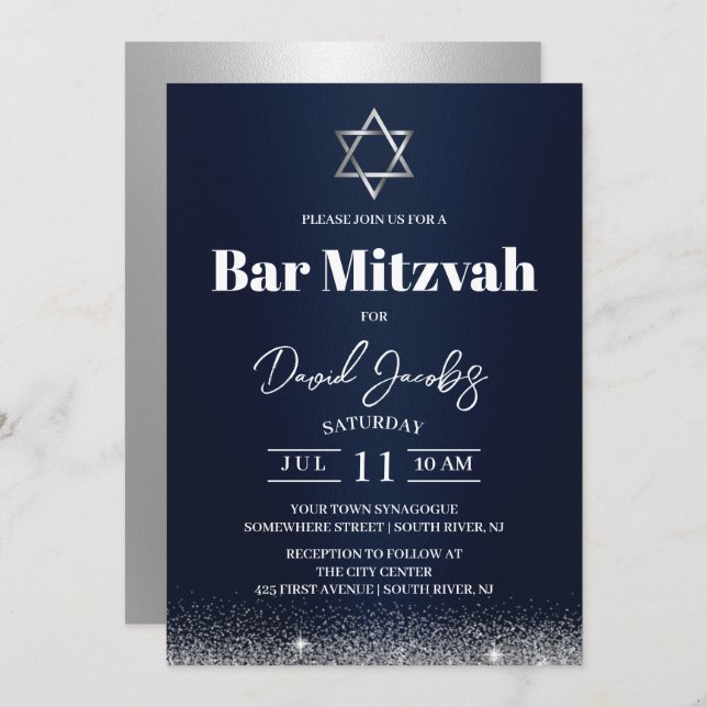 Invitación Estrella de David Bar Mitzvah Judío Moderno Azul M (Anverso / Reverso)