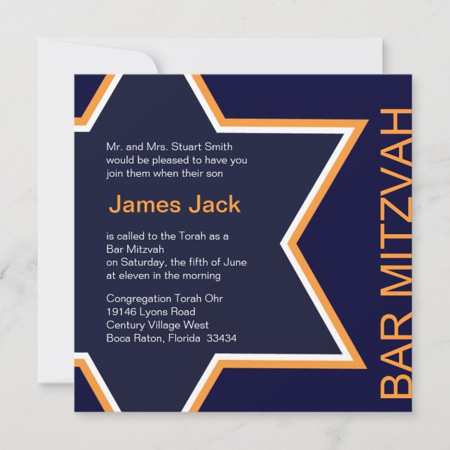Invitación Estrella de David Bar Mitzvah Naranja y Azul (Anverso)