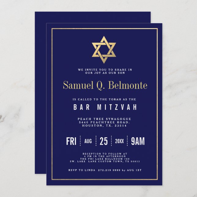 Invitación Estrella de David Bar Mitzvah Navy Invitar a w Dis (Anverso / Reverso)