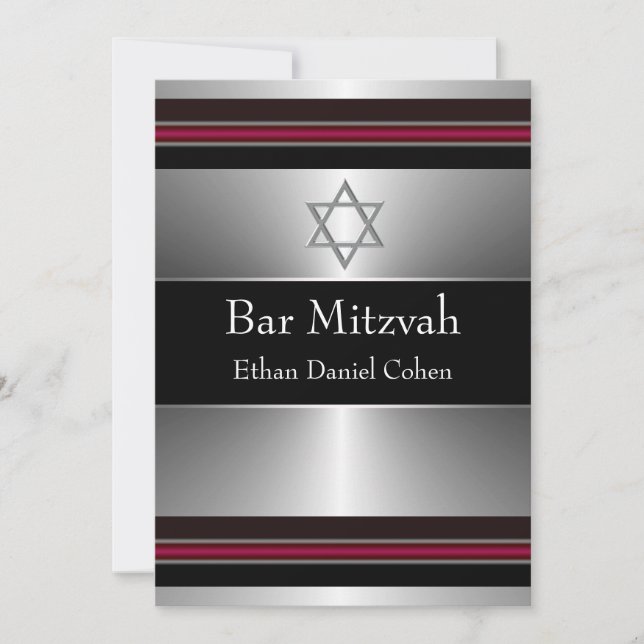 Invitación Estrella de David Bar Mitzvah negra roja plateada (Anverso)