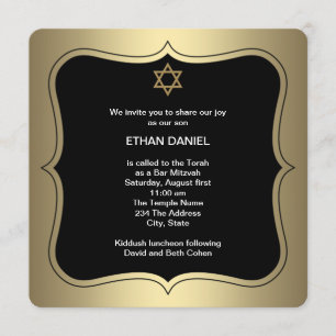 Invitación Estrella de David Bar Mitzvah negra y dorada