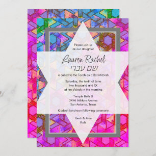 Invitación Estrella de David Blue y Damiask rosa de Bat Mitzv