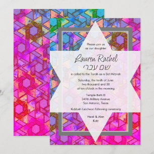 Invitación Estrella de David Blue y Damiask rosa de Bat Mitzv