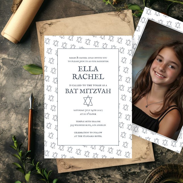 Invitación Estrella de David B'nai Bat Bar Mitzvah Foto Perso (Star of David B'nai Bat Bar Mitzvah Custom Photo Invitation Simple Minimalist Elegant)