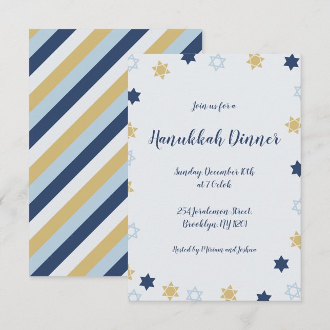 Invitación Estrella de David | Cena de Hanukkah azul y dorada (Anverso / Reverso)