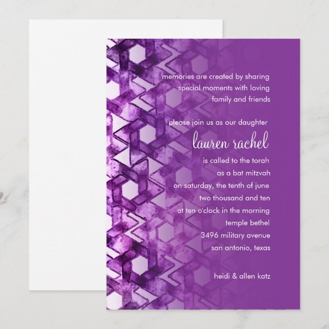 Invitación Estrella de David Damask en Bat Mitzvah (Anverso / Reverso)