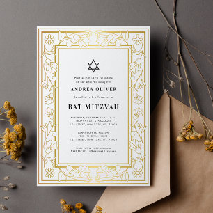 Invitación Estrella de David de barra dorada floral marco Bat