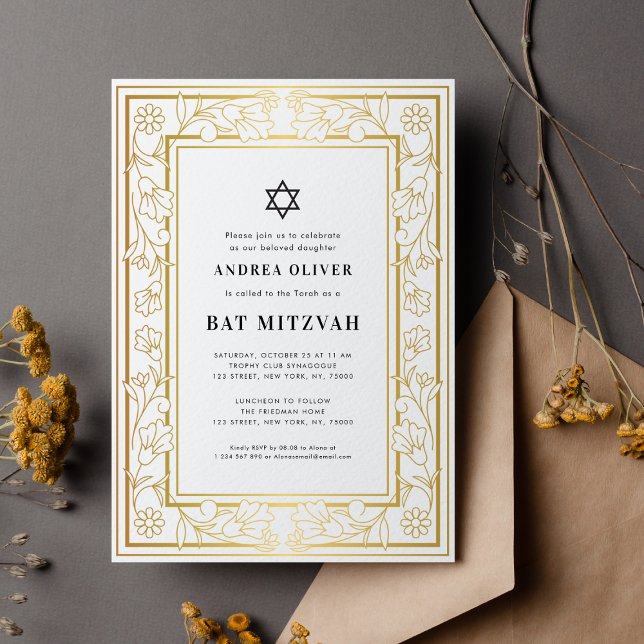 Invitación Estrella de David de barra dorada floral marco Bat (Subido por el creador)