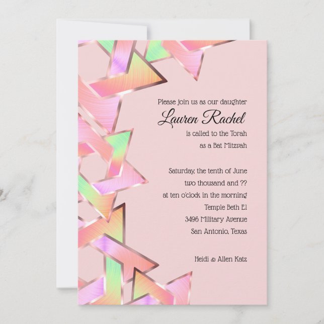 Invitación Estrella de David de Bat Mitzvah Peach Green Rosa (Anverso)