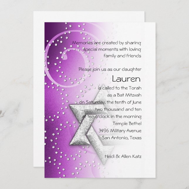 Invitación Estrella de David de Bat Mitzvah Raspberry Shimmer (Anverso / Reverso)