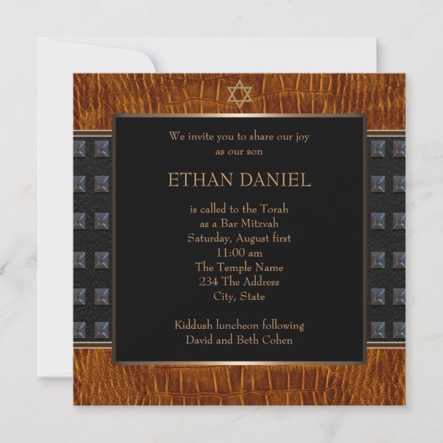Invitación Estrella de David de cuero negro marrón Bar Mitzva (Anverso)