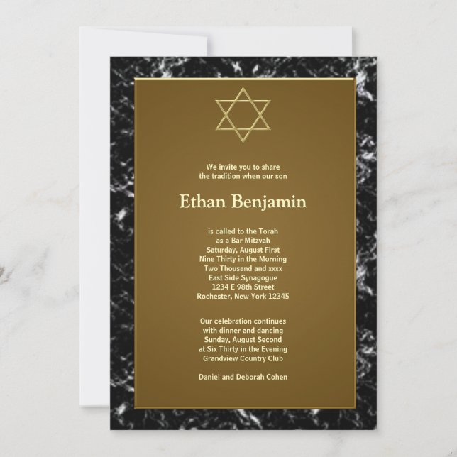 Invitación Estrella de David de mármol negro Bar Mitzvah (Anverso)