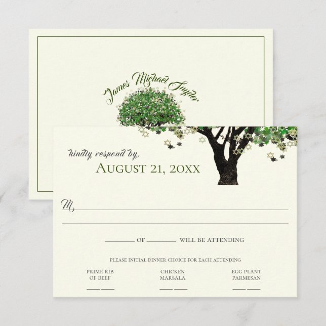 Invitación Estrella de David del árbol enmarcado RSVP de Mitz (Anverso / Reverso)