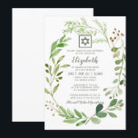 Invitación Estrella de David del follaje verde de la acuarela<br><div class="desc">El diseño se compone de delicados paisajes de hojas de color verde acuático con una simple estrella de David sobre un sencillo fondo blanco. ...  Disponible aquí: http://www.zazzle.com/store/selectpartysupplies</div>