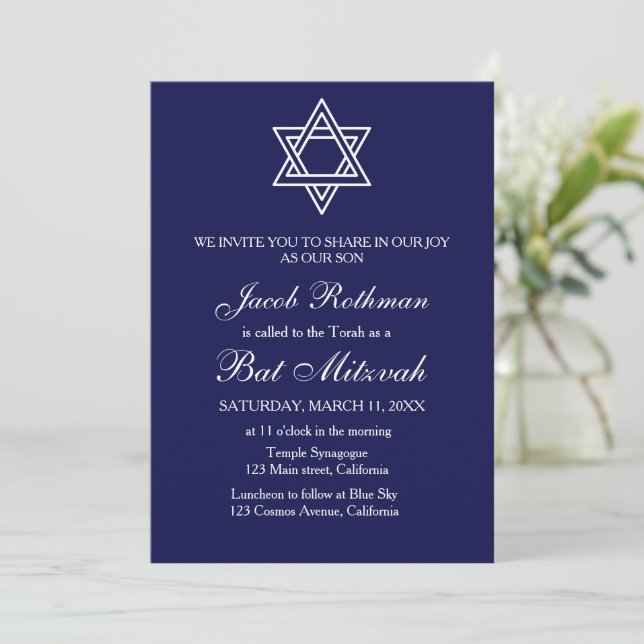 Invitación Estrella de David Elegante Simple Azul Bat Mitzvah (Anverso de pie)