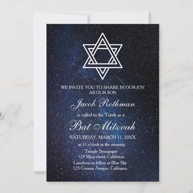 Invitación Estrella de David Elegante Simple Azul Bat Mitzvah (Anverso)