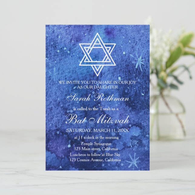 Invitación Estrella de David Elegante Simple Azul Bat Mitzvah (Anverso de pie)