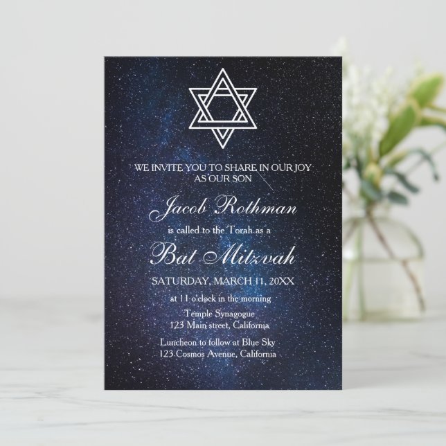 Invitación Estrella de David Elegante Simple Azul Bat Mitzvah (Anverso de pie)