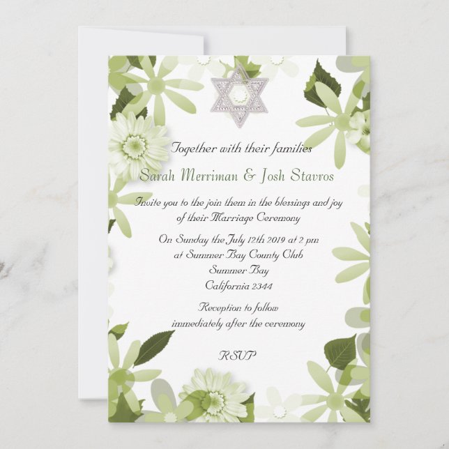 Invitación Estrella de David floral chuppah boda judío (Anverso)