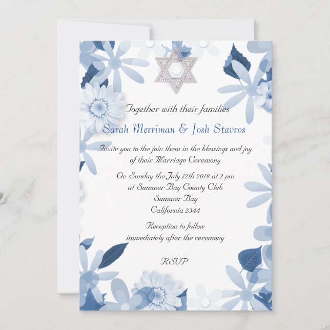 Invitación Estrella de David floral chuppah boda judío (Anverso)