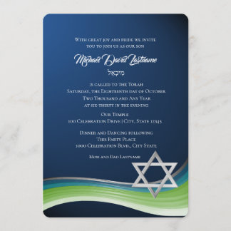 Invitación Estrella de David Green y Blue Gradient Bar Mitzva