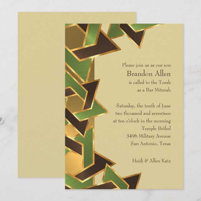 Invitación Estrella de David marrón verde oro Bar Mitzvah (Anverso / Reverso)