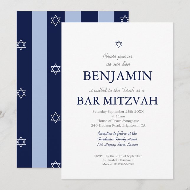 Invitación Estrella de David Mitzvah de la franja azul judía  (Anverso / Reverso)