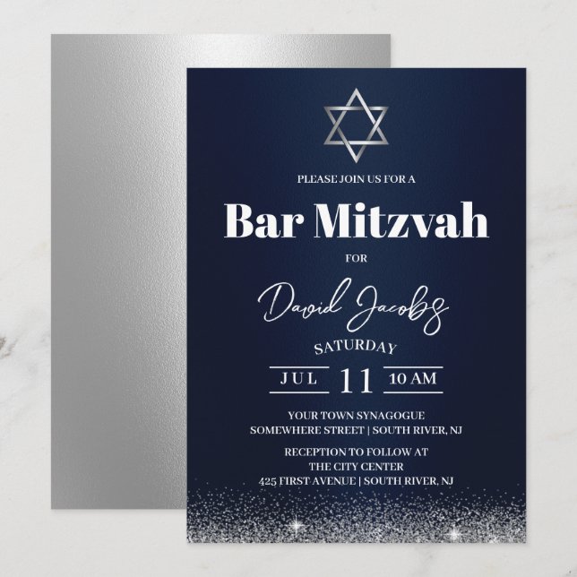 Invitación Estrella de David moderna Bar Mitzvah judía azul m (Anverso / Reverso)