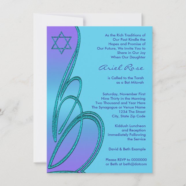 Invitación Estrella de David Morada Turquesa Bat Mitzvah (Anverso)