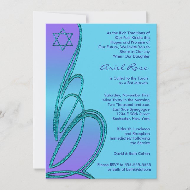 Invitación Estrella de David Morató Bat Mitzvah Púrpura Turqu (Anverso)