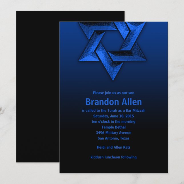 Invitación Estrella de David negra y azul Bar Mitzvah (Anverso / Reverso)