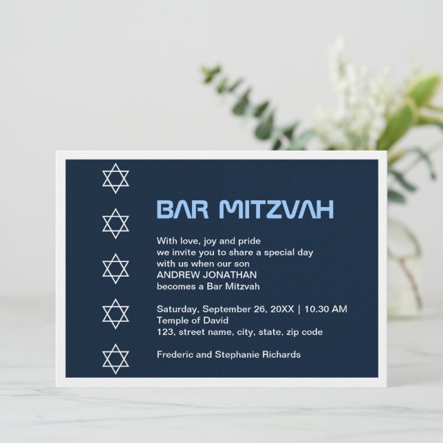 Invitación Estrella de David Pattern Bar Mitzvah (Anverso de pie)