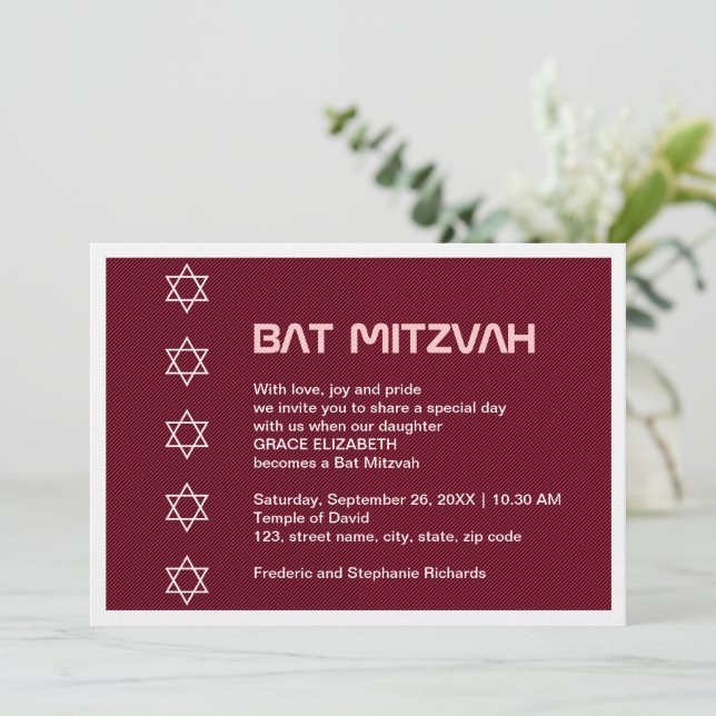 Invitación Estrella de David Pattern Bat Mitzvah (Anverso de pie)