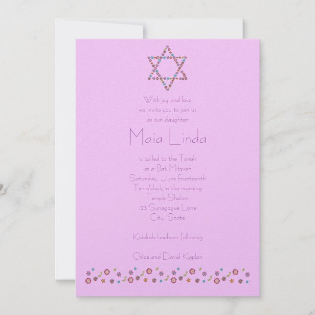 Invitación Estrella de David Pink invitada por Bat Mitzvah (Anverso)
