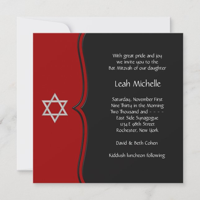 Invitación Estrella de David Roja y Negra Bat Mitzvah (Anverso)