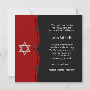 Invitación Estrella de David Roja y Negra Bat Mitzvah