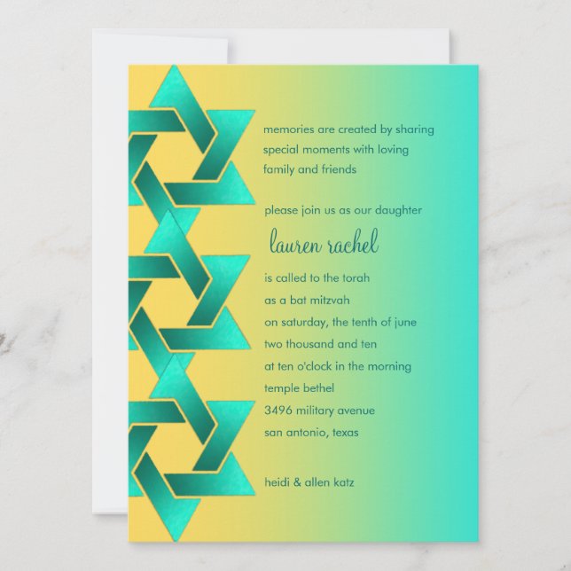 Invitación Estrella de David Yellow Aqua en Bat Mitzvah (Anverso)