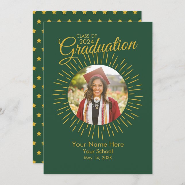 Invitación Estrella de Graduación de Foto (Verde y (Anverso / Reverso)